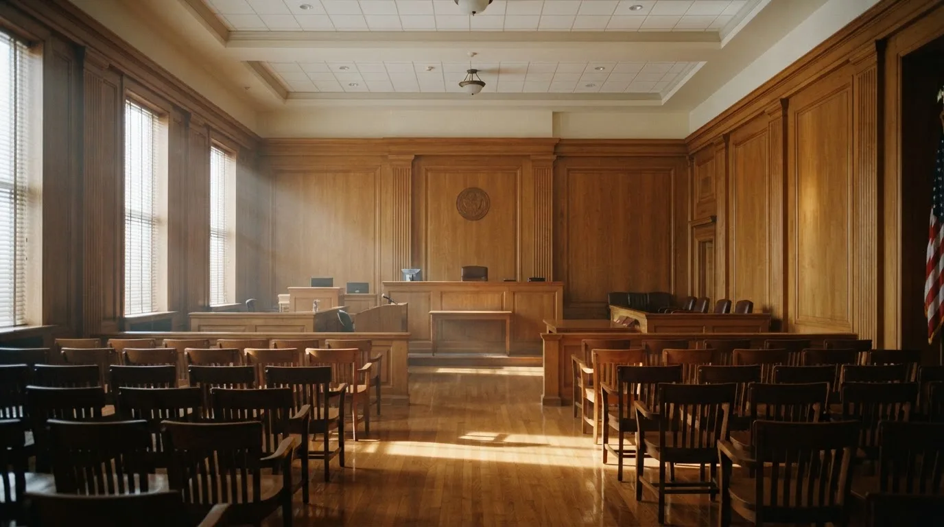 Sala de tribunal vazia com painéis de madeira, à luz da manhã — 1 euro casino em portugal