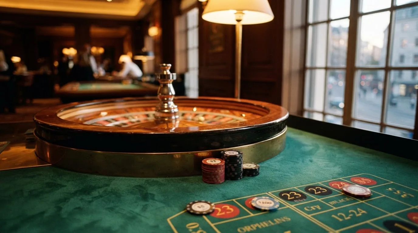 Roda de roleta e fichas sobre feltro verde, sob uma luz quente de fim de tarde — 1 euro casino em portugal
