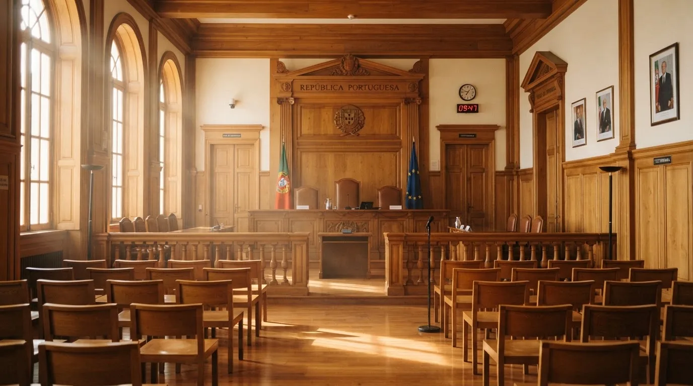 Sala de tribunal vazia com painéis de madeira, à luz da manhã — 10 euro casino em portugal