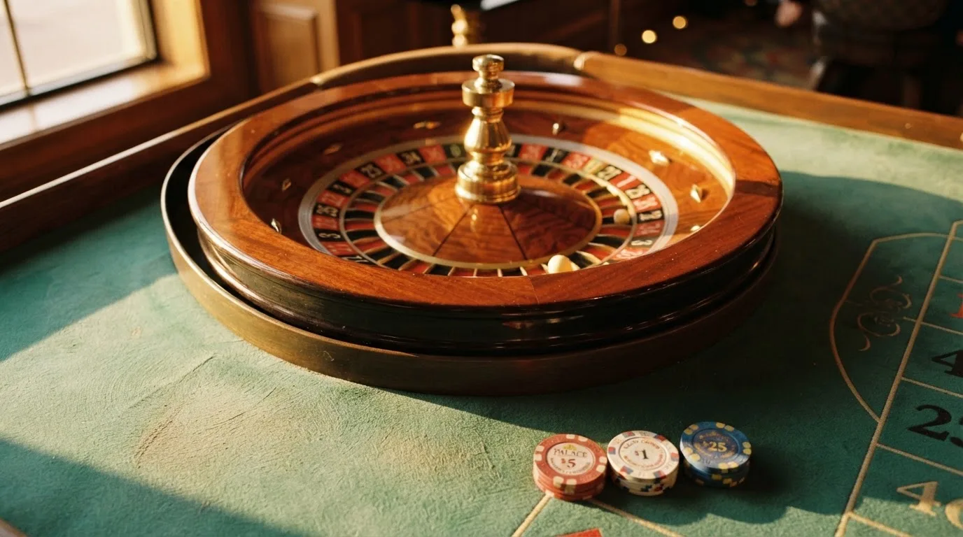 Roda de roleta e fichas sobre feltro verde, sob uma luz quente de fim de tarde — 10 euro casino em portugal