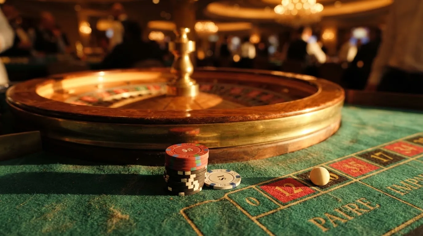 Roda de roleta e fichas sobre feltro verde, sob uma luz quente de fim de tarde — 20 euro casino em portugal