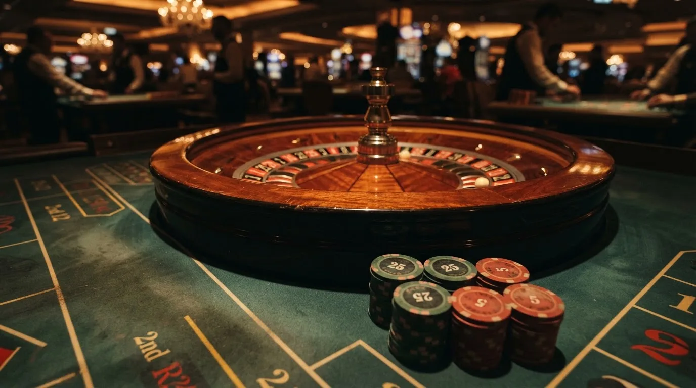 Roda de roleta e fichas sobre feltro verde, sob uma luz quente de fim de tarde — 5 euro casino em portugal