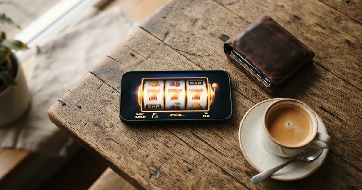 Telemóvel numa mesa de madeira ao lado de uma carteira e de uma chávena de café — 5 euro casino em portugal
