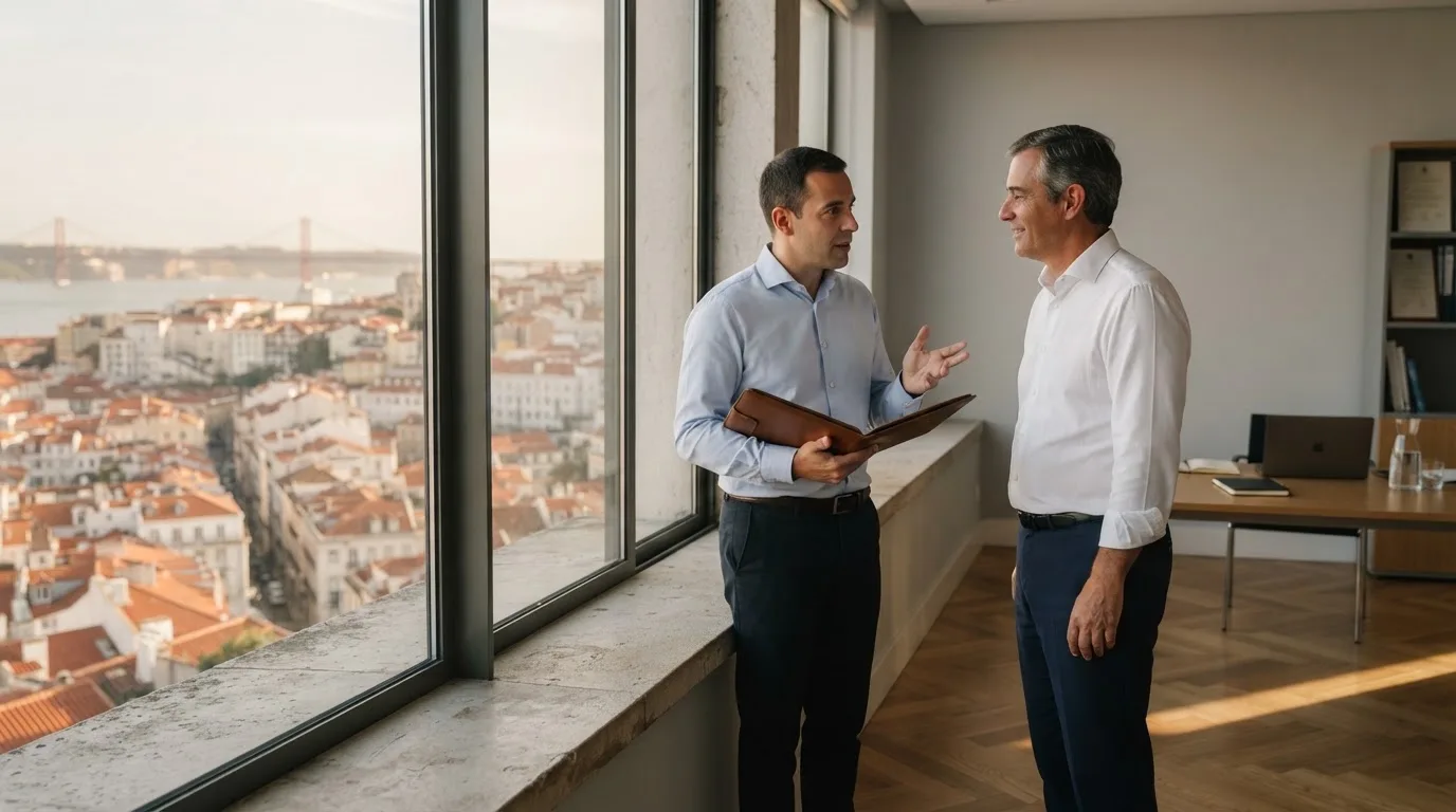 Duas pessoas de camisa a conversar junto a uma janela grande de um escritório público, com a cidade de Lisboa desfocada atrás.