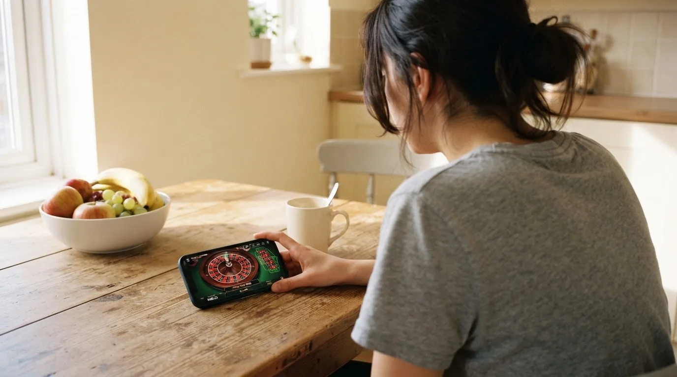 Jovem sentado numa mesa de cozinha a usar o telemóvel com as duas mãos, com uma tigela de fruta ao lado e luz da manhã.