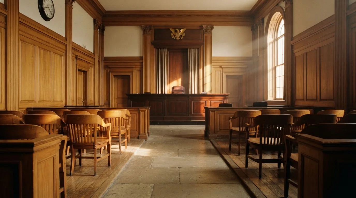 Sala de tribunal vazia com painéis de madeira, à luz da manhã — blackjack ao vivo em portugal