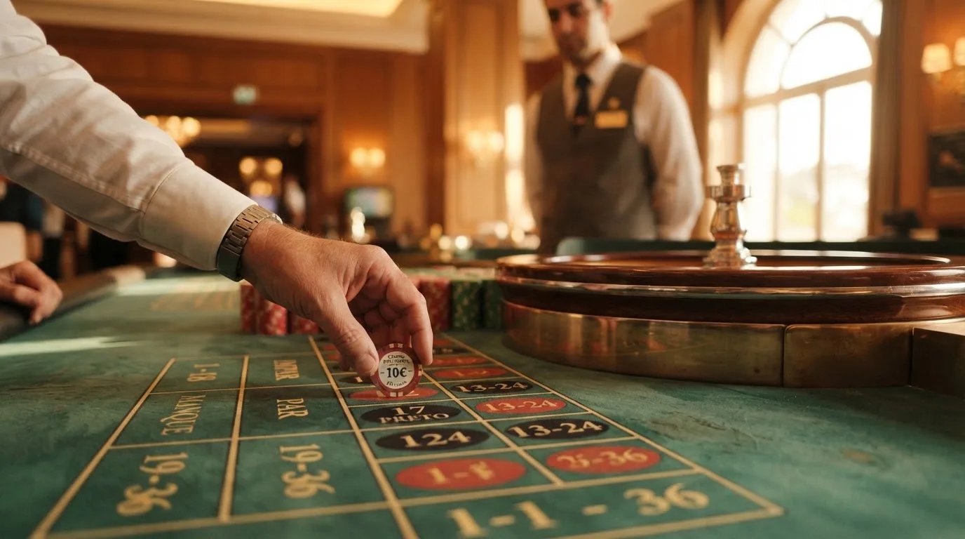 Roda de roleta e fichas sobre feltro verde, sob uma luz quente de fim de tarde — blackjack casinos em portugal