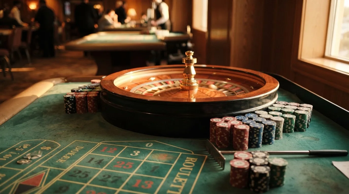 Roda de roleta e fichas sobre feltro verde, sob uma luz quente de fim de tarde — blackjack online casino em portugal