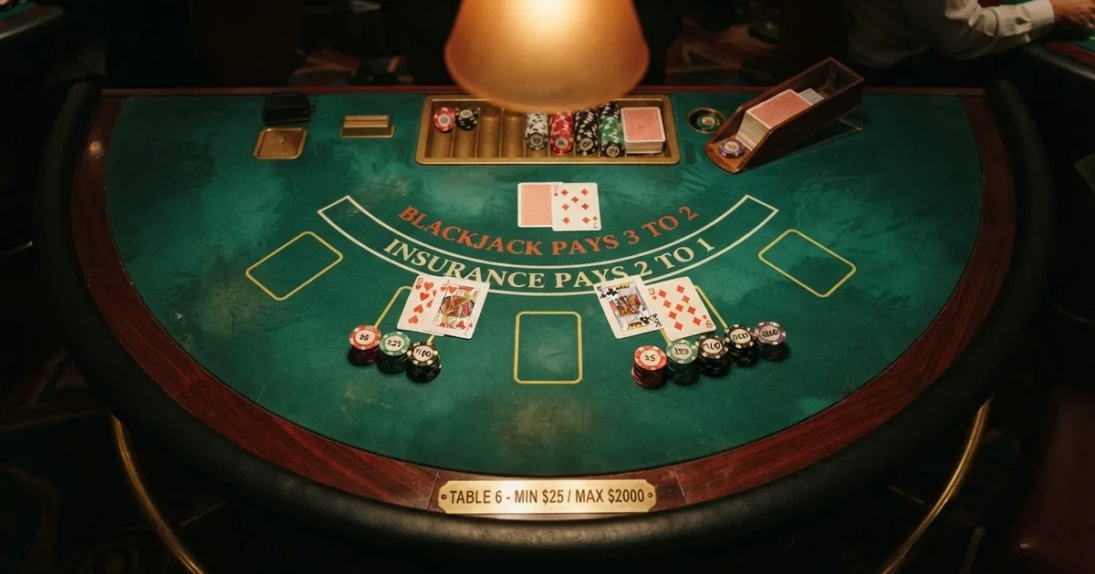 Mesa de jogo iluminada com cartas, vista de cima — blackjack online casino em portugal