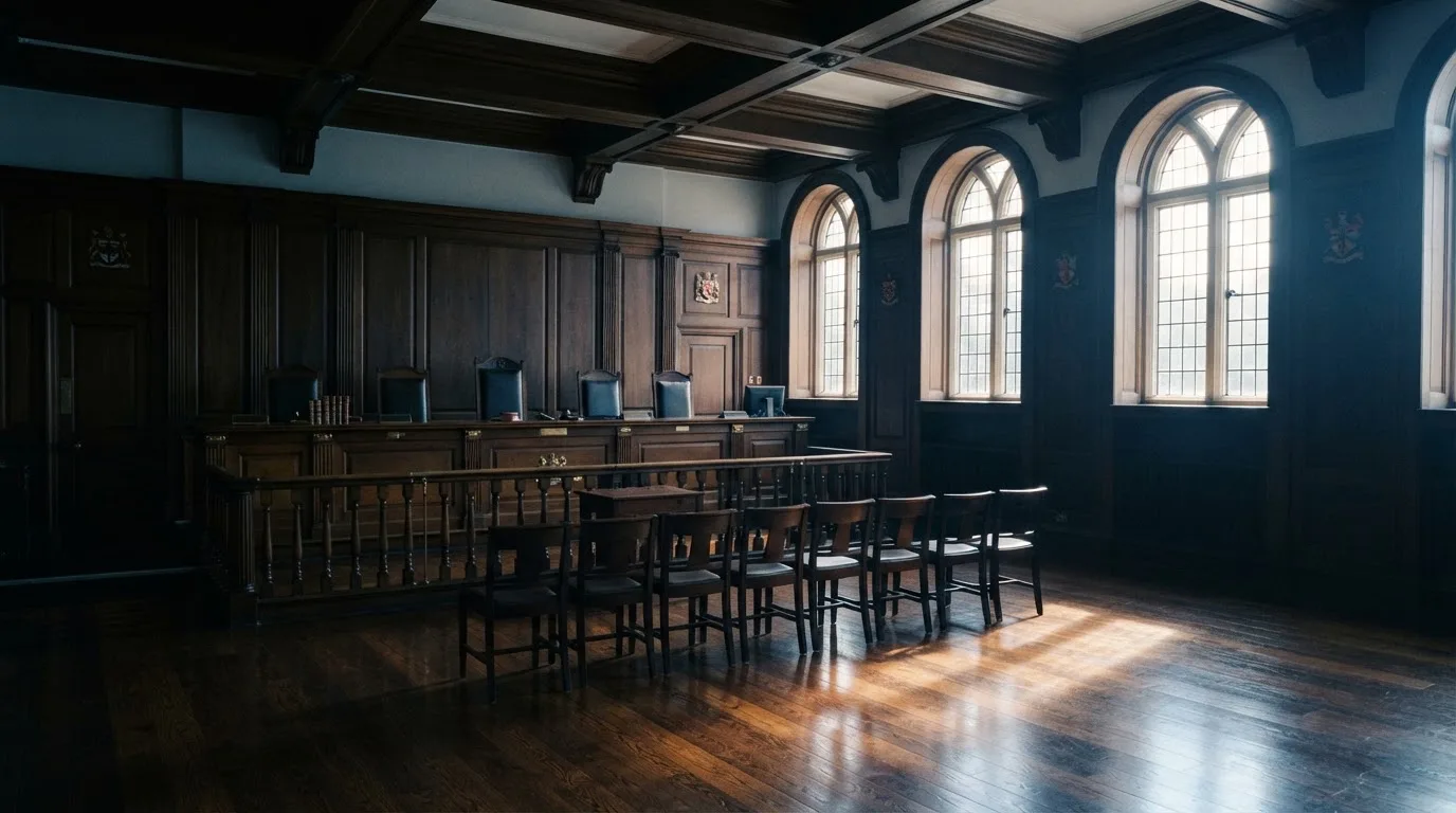 Sala de tribunal vazia com painéis de madeira, à luz da manhã — caça-níqueis em casinos portugueses