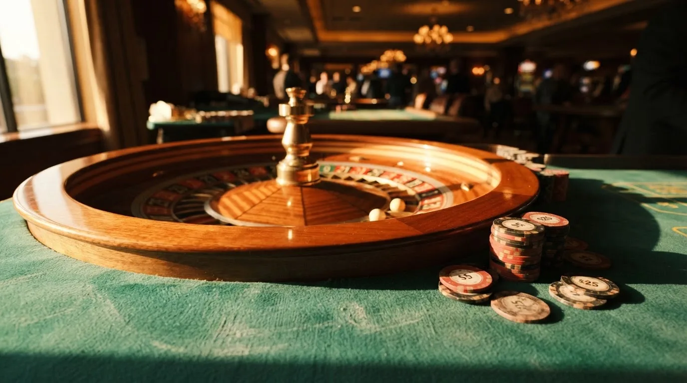 Roda de roleta e fichas sobre feltro verde, sob uma luz quente de fim de tarde — caça-níqueis em casinos portugueses
