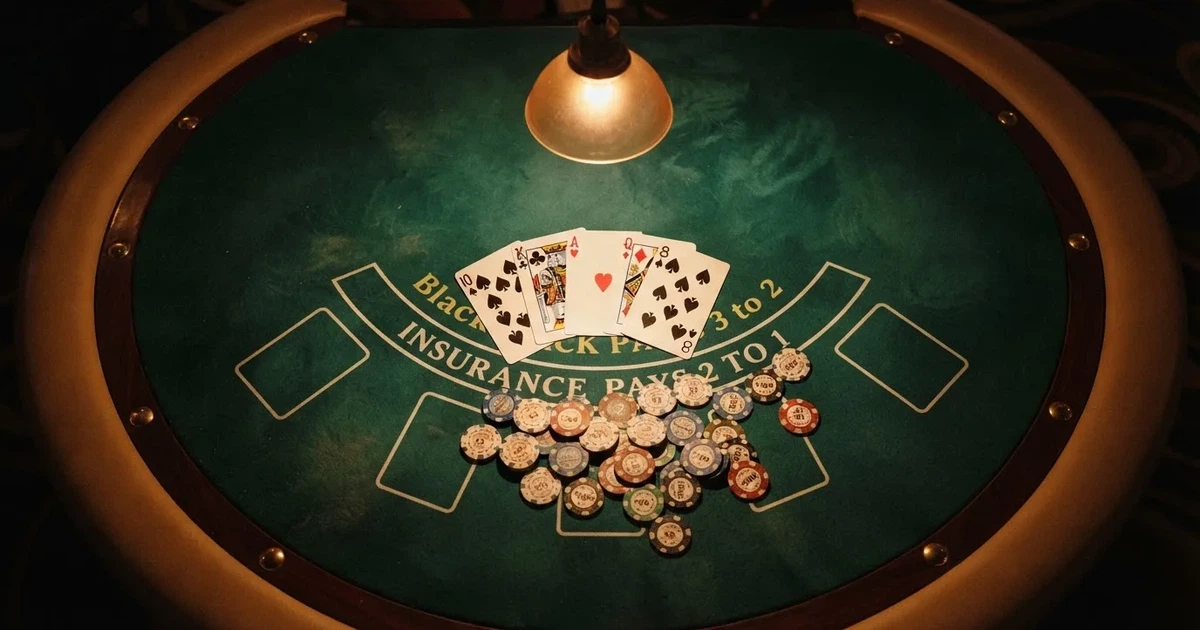 Mesa de jogo iluminada com cartas, vista de cima — caça-níqueis em casinos portugueses