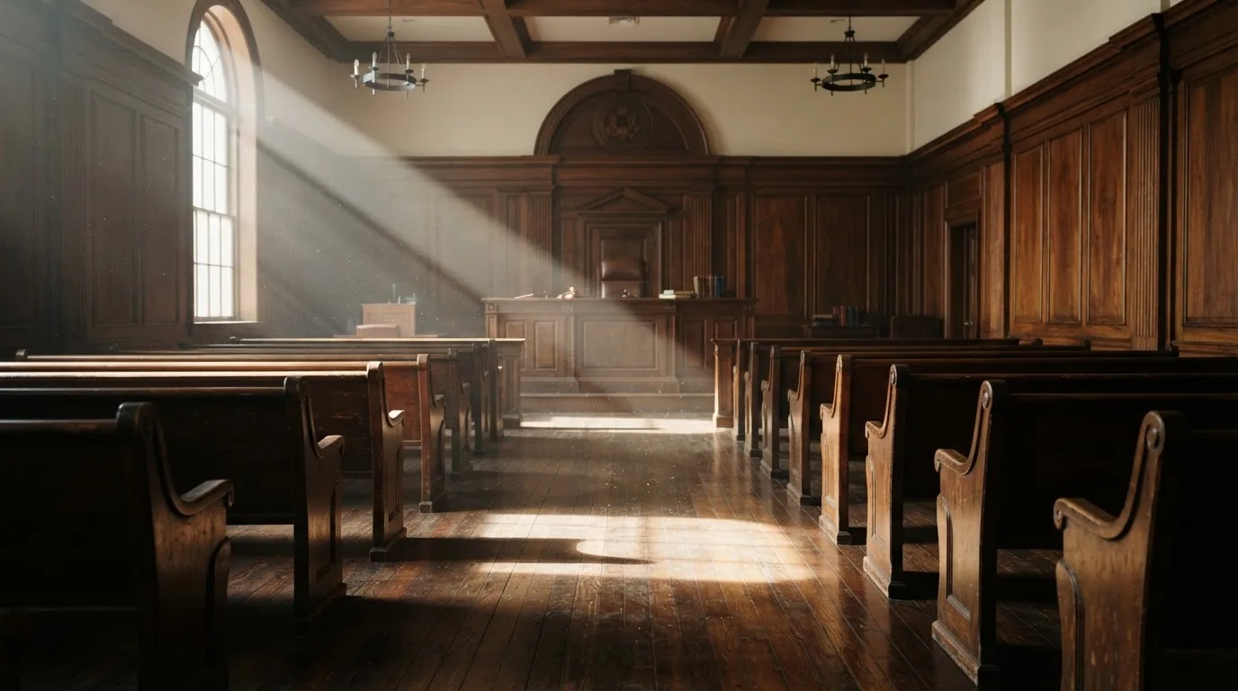 Sala de tribunal vazia com painéis de madeira, à luz da manhã — caça-níqueis grátis em portugal