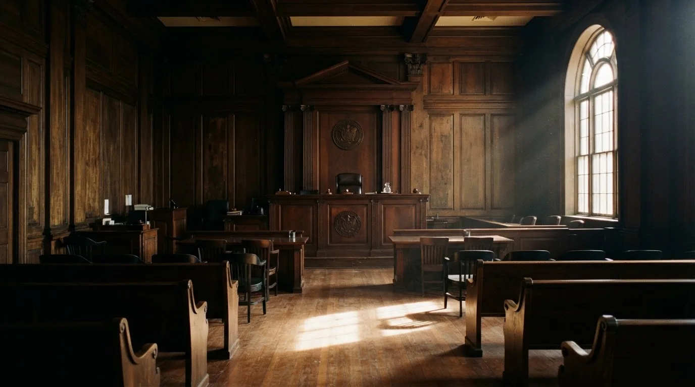 Sala de tribunal vazia com painéis de madeira, à luz da manhã — casino apostas em portugal