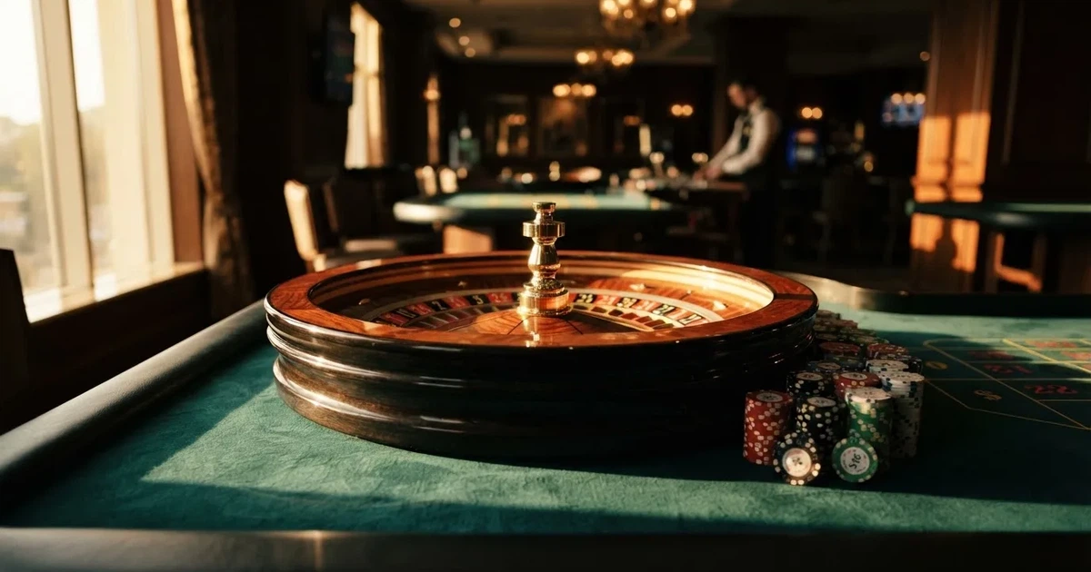 Roda de roleta e fichas sobre feltro verde, sob uma luz quente de fim de tarde — casino apostas em portugal