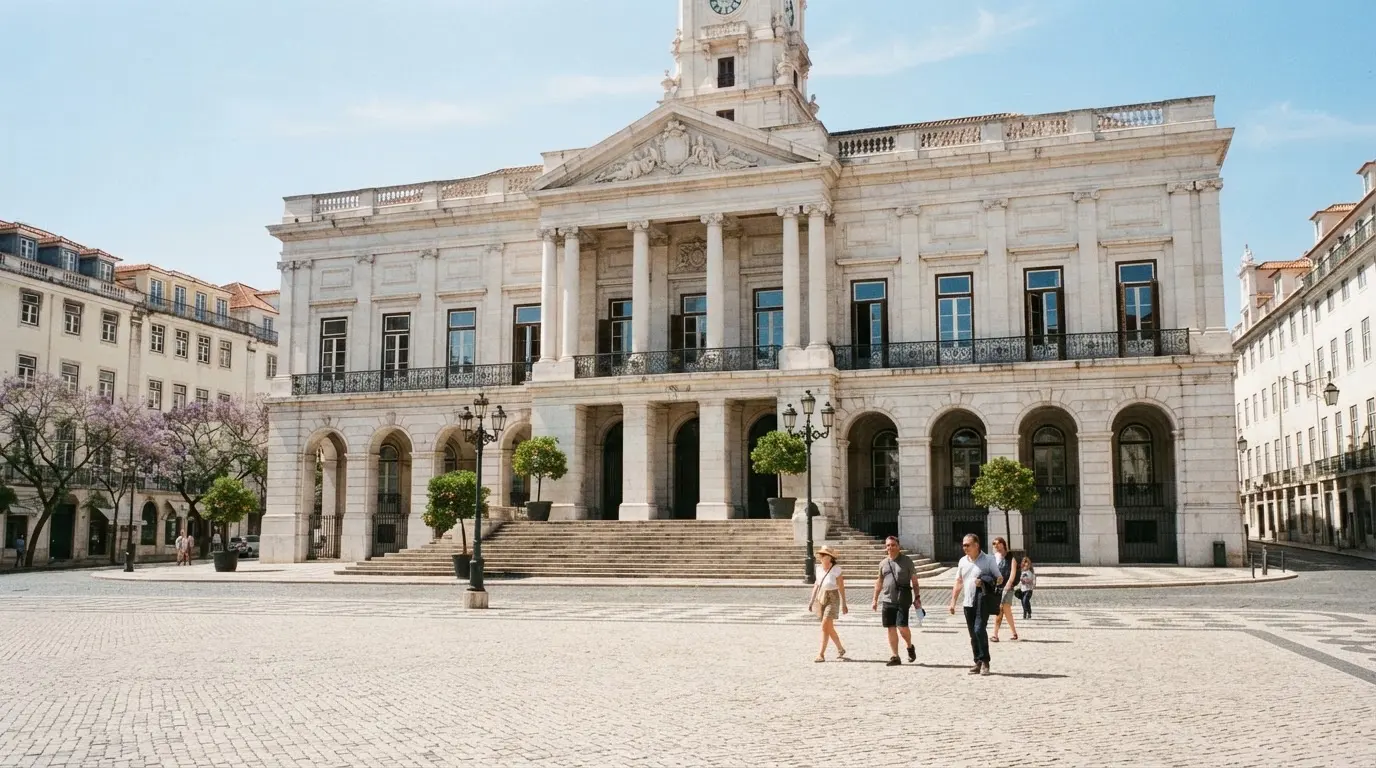 Edifício de arquitetura clássica com colunas brancas num largo lisboeta, pessoas ao longe, luz do meio-dia.