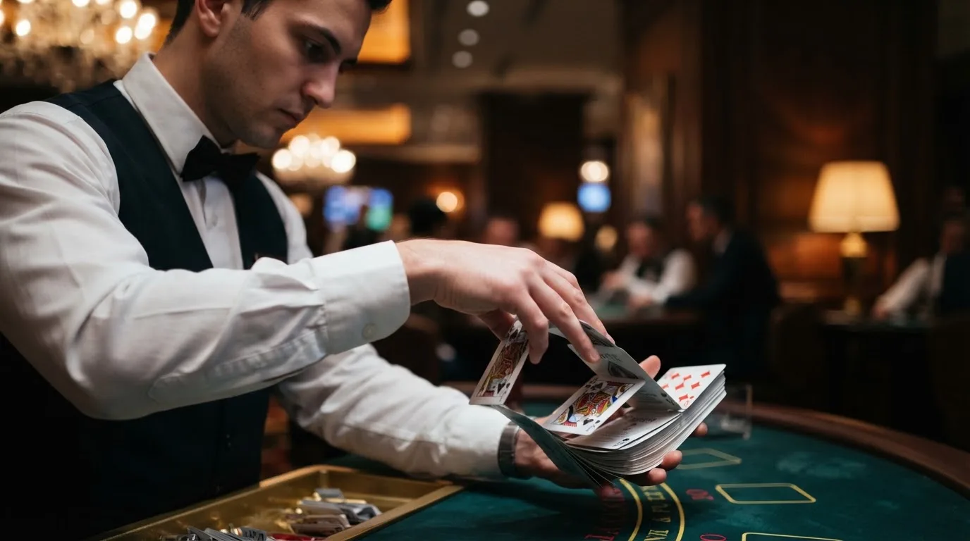 Croupier de gravata a baralhar cartas com destreza, vista lateral, fundo desfocado de um salão de casino em Portugal.