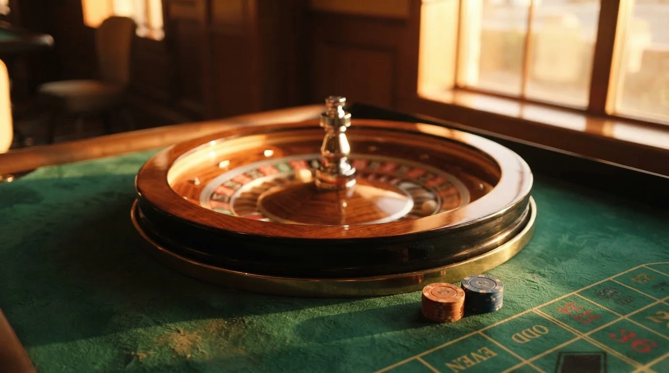 Roda de roleta e fichas sobre feltro verde, sob uma luz quente de fim de tarde — casino com bingo em portugal