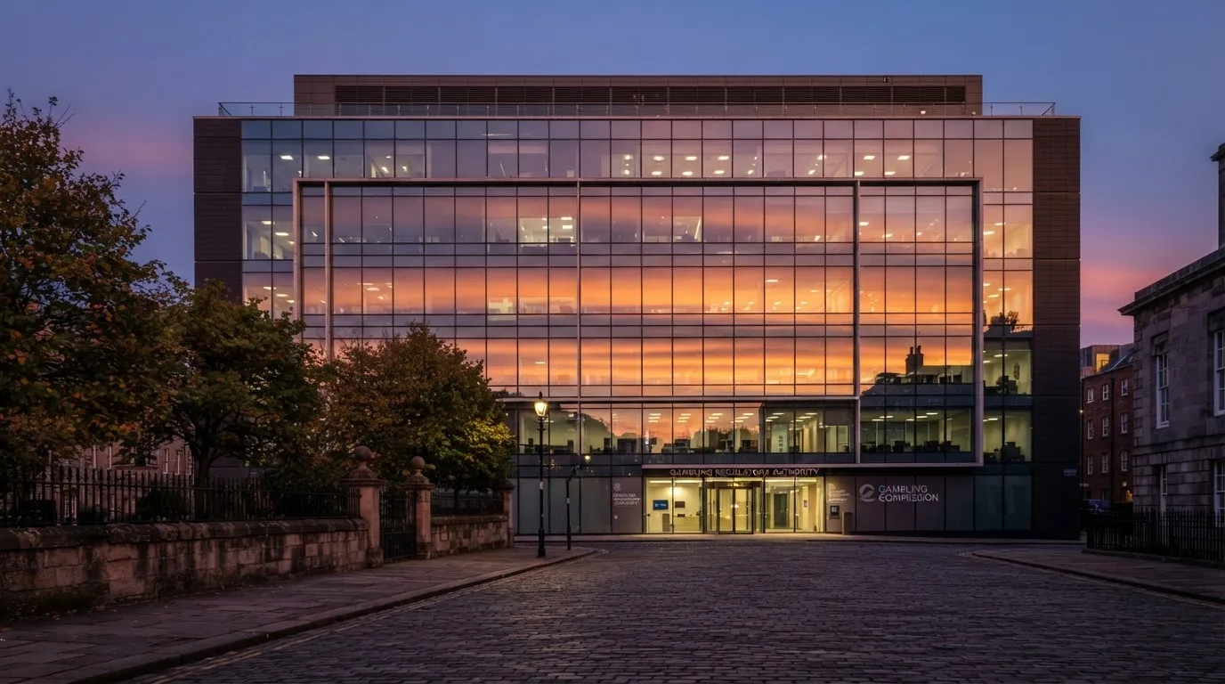 Edifício de escritórios com fachada de vidro ao entardecer, reflexo do céu cor-de-laranja e uma rua tranquila em primeiro plano.