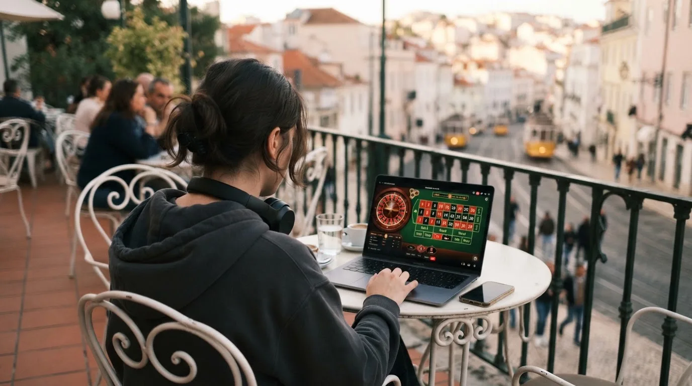 Jovem a trabalhar num café com portátil e auscultadores ao pescoço, esplanada de Lisboa ao fundo, luz suave.
