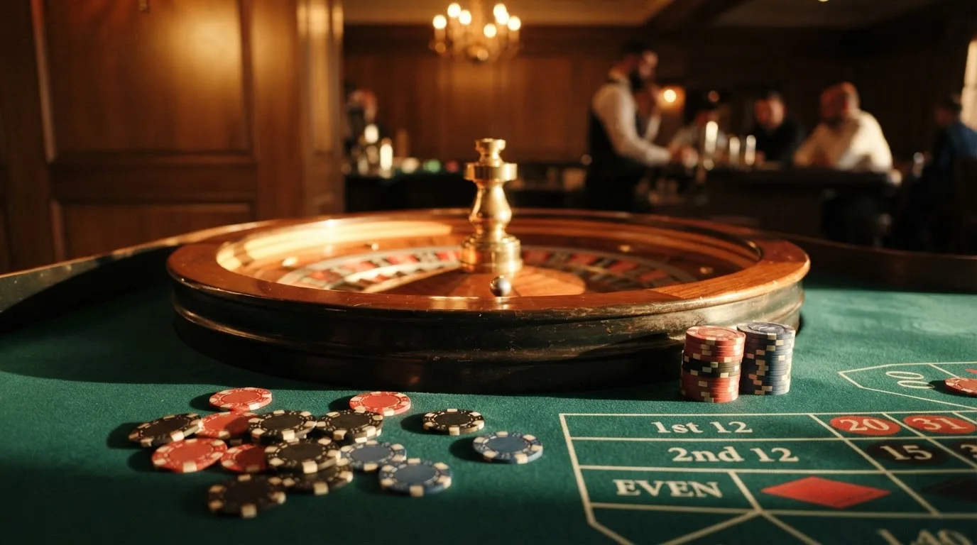 Roda de roleta e fichas sobre feltro verde, sob uma luz quente de fim de tarde — casino com bônus no cadastro pt