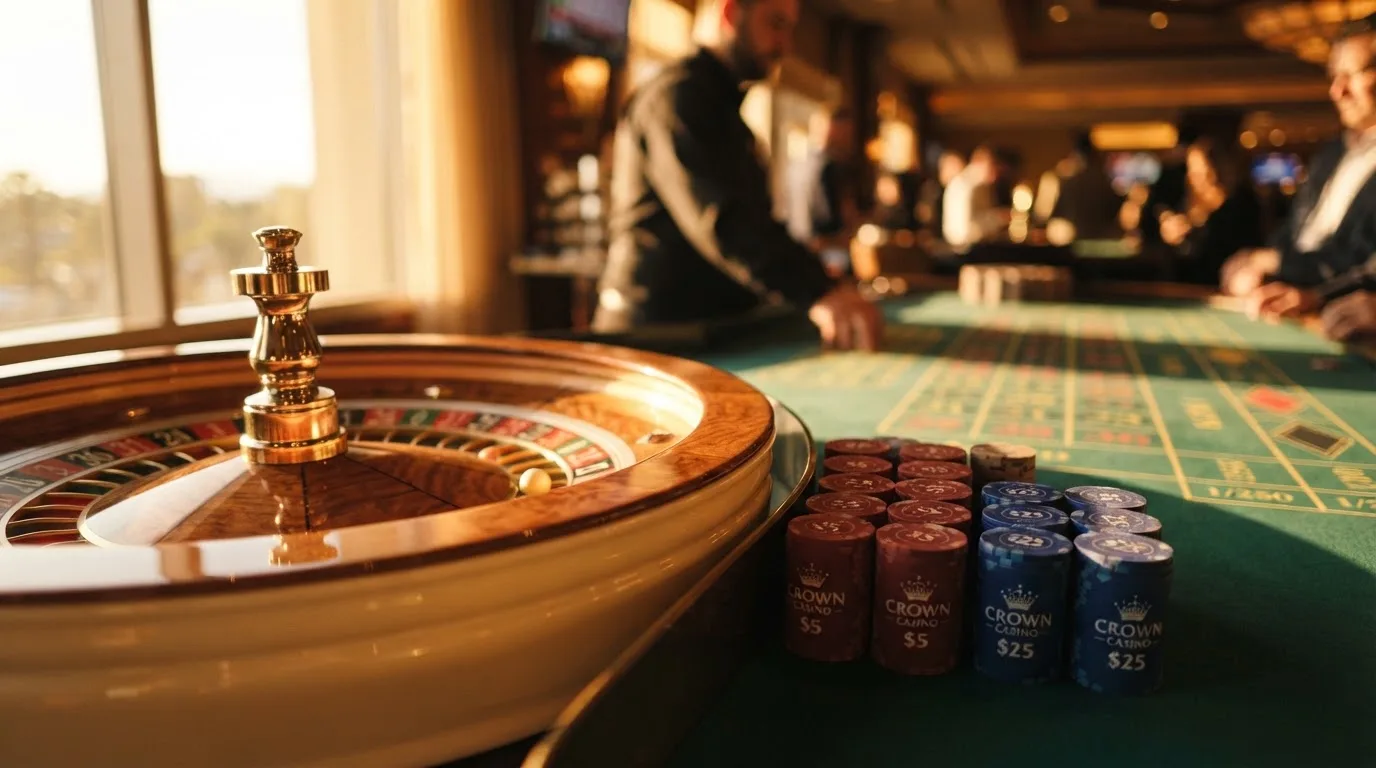 Roda de roleta e fichas sobre feltro verde, sob uma luz quente de fim de tarde — casino com dinheiro em portugal