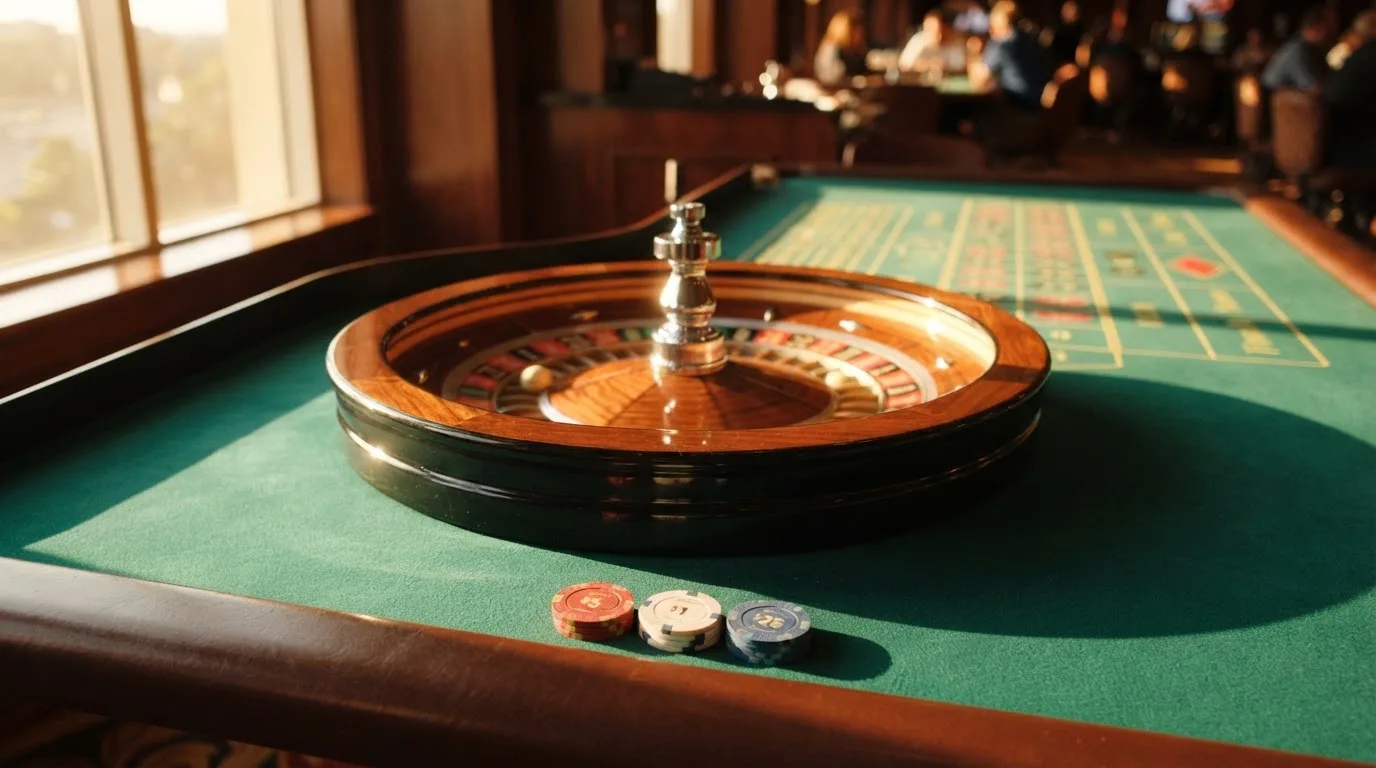Roda de roleta e fichas sobre feltro verde, sob uma luz quente de fim de tarde — casino com ethereum em portugal