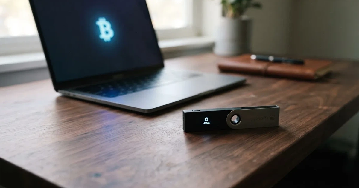 Carteira de hardware e computador portátil numa secretária, com luz suave — casino com ethereum em portugal