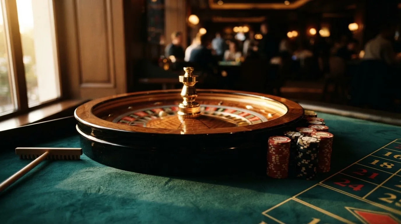 Roda de roleta e fichas sobre feltro verde, sob uma luz quente de fim de tarde — casino com free spins em portugal