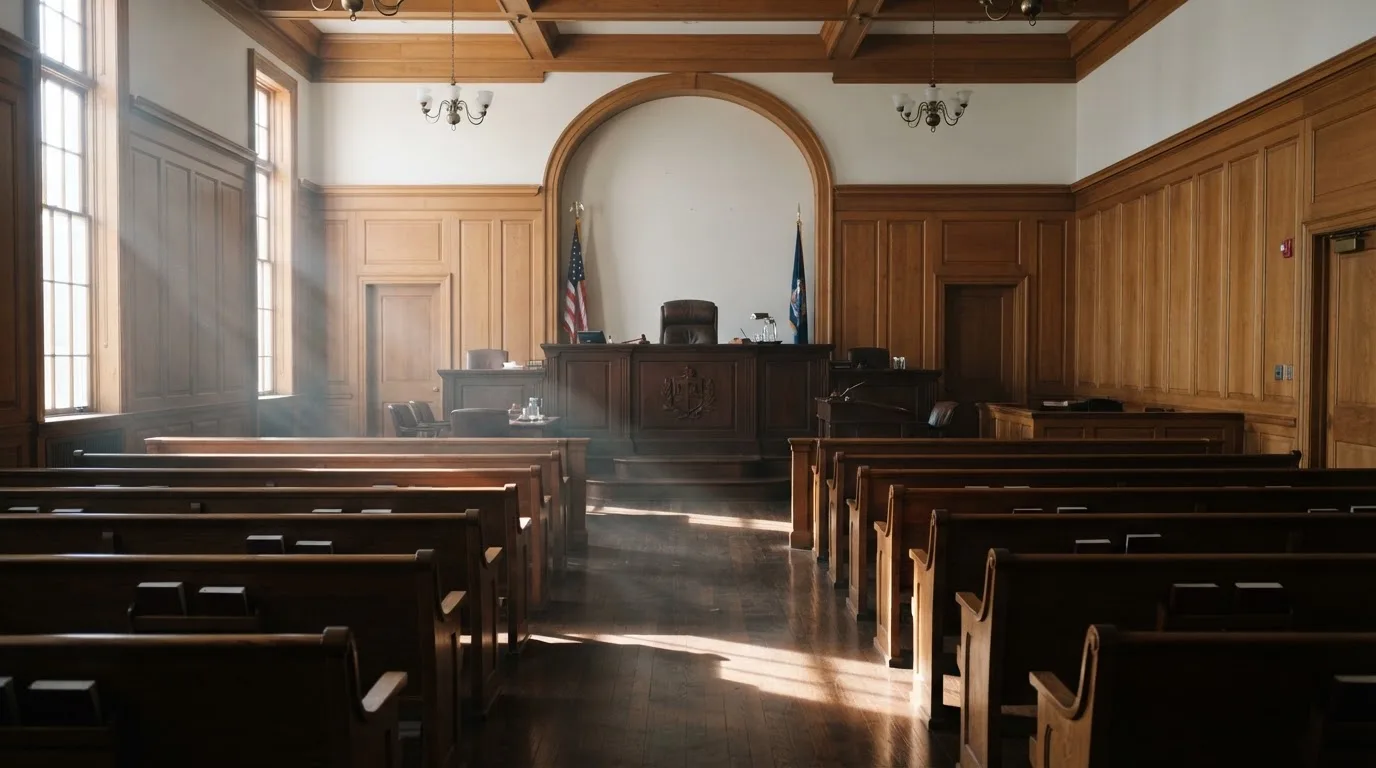 Sala de tribunal vazia com painéis de madeira, à luz da manhã — casino com grátis spins pt