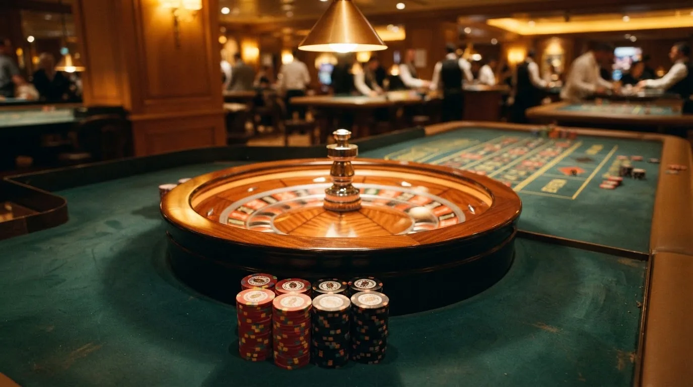 Roda de roleta e fichas sobre feltro verde, sob uma luz quente de fim de tarde — casino com grátis spins pt