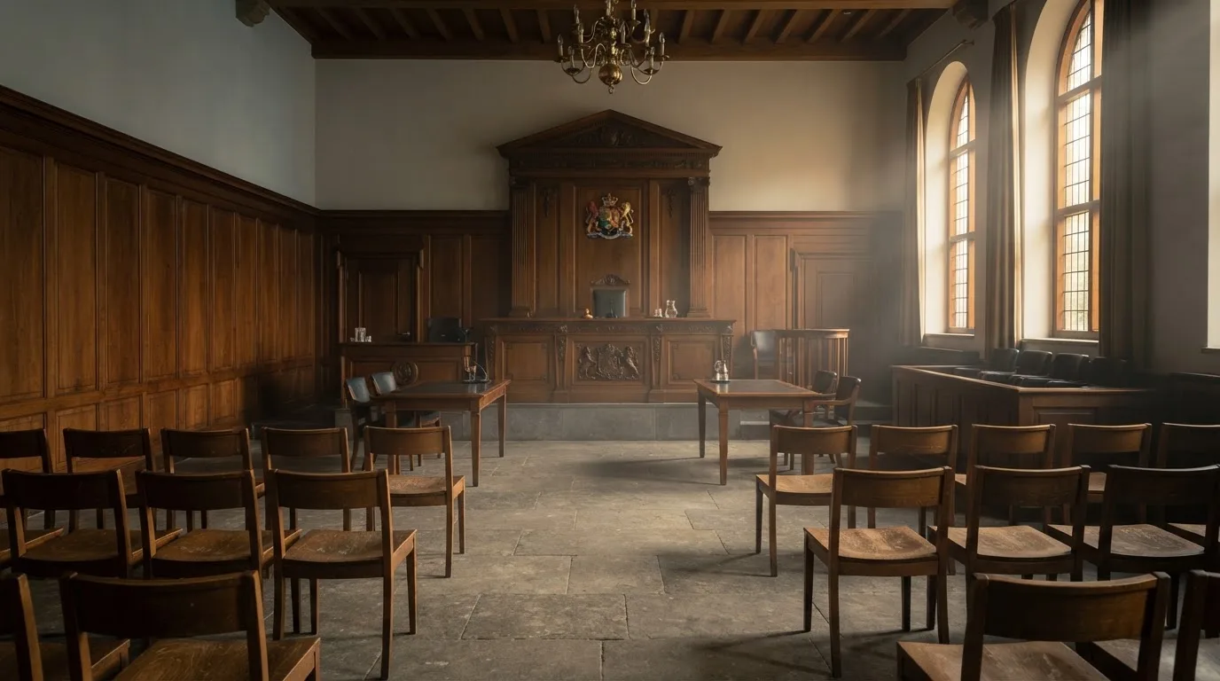 Sala de tribunal vazia com painéis de madeira, à luz da manhã — casino com levantamento pt