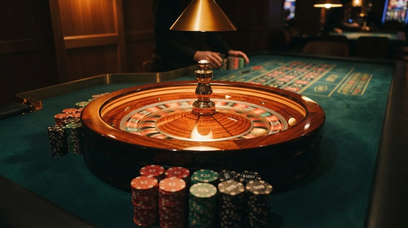 Roda de roleta e fichas sobre feltro verde, sob uma luz quente de fim de tarde — casino com levantamento pt