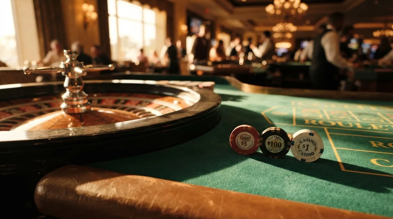 Roda de roleta e fichas sobre feltro verde, sob uma luz quente de fim de tarde — casino com litecoin em portugal