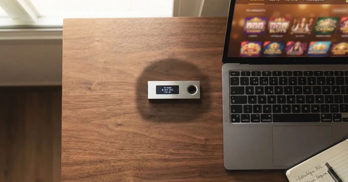 Carteira de hardware e computador portátil numa secretária, com luz suave — casino com litecoin em portugal