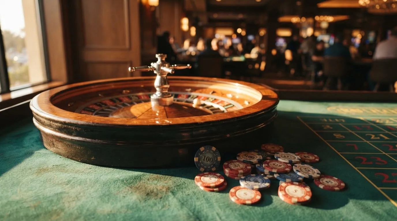 Roda de roleta e fichas sobre feltro verde, sob uma luz quente de fim de tarde — casino com solana em portugal