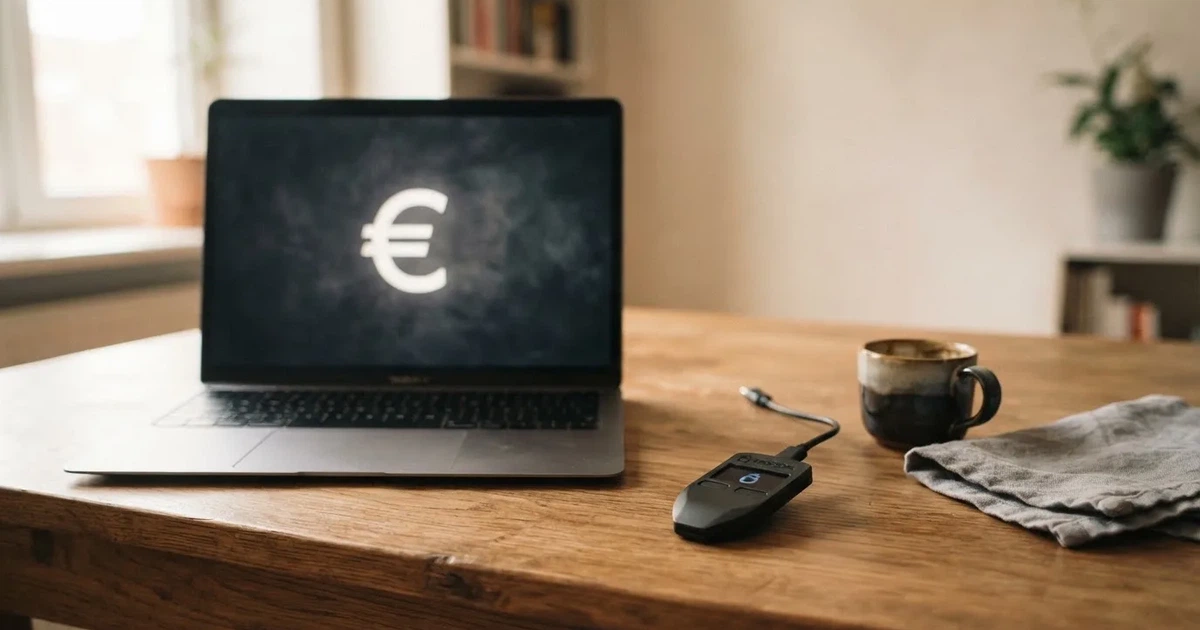 Carteira de hardware e computador portátil numa secretária, com luz suave — casino com solana em portugal