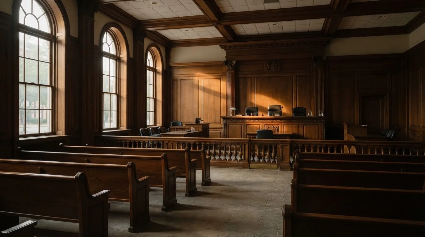 Sala de tribunal vazia com painéis de madeira, à luz da manhã — casino com tether em portugal