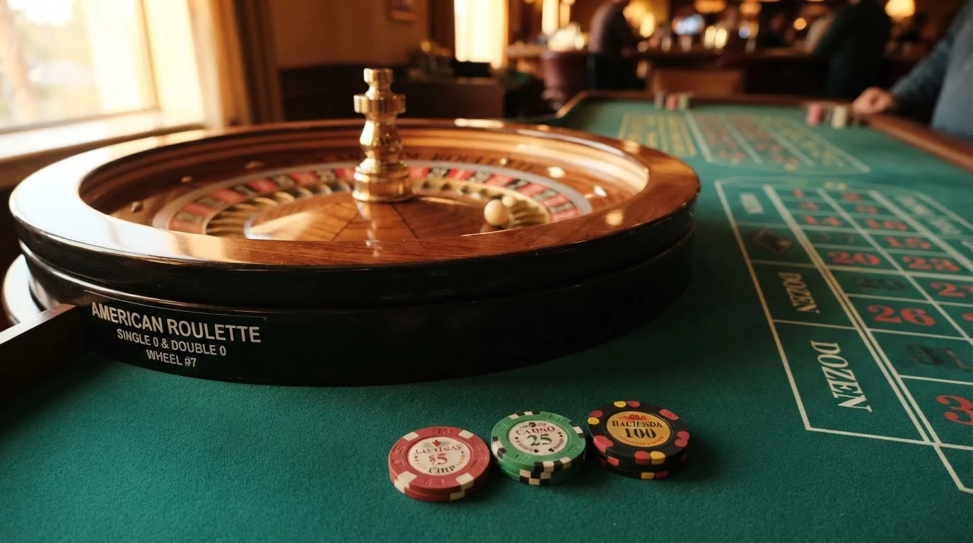 Roda de roleta e fichas sobre feltro verde, sob uma luz quente de fim de tarde — casino com tether em portugal