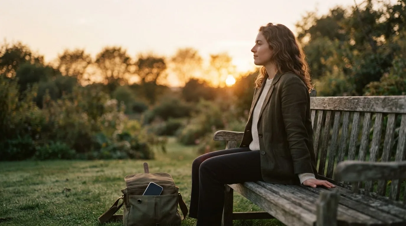 Pessoa sentada num banco de jardim ao pôr do sol, a olhar para o horizonte, com o telemóvel guardado numa mala.