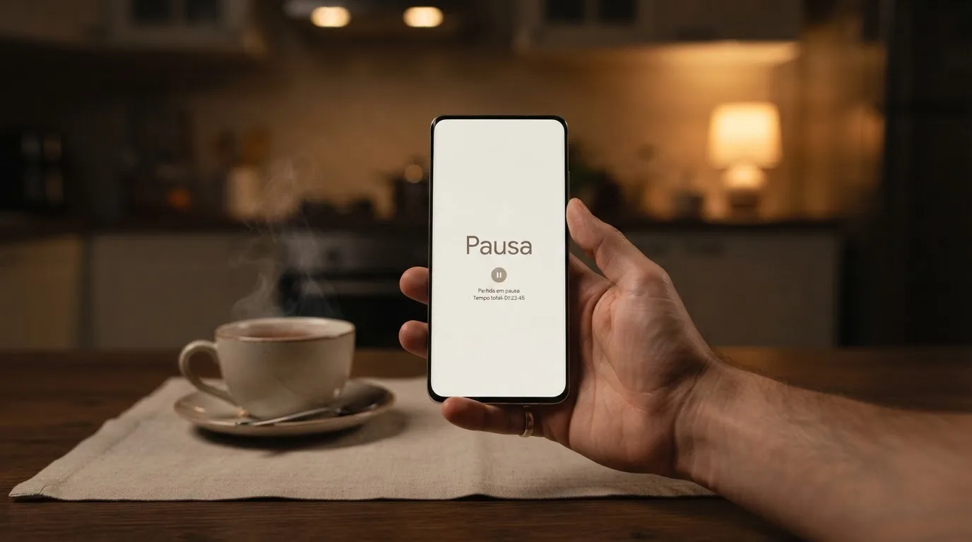 Mão a segurar um telemóvel ao lado de uma chávena de chá numa mesa de cozinha, numa noite tranquila — casino é confiável em portugal