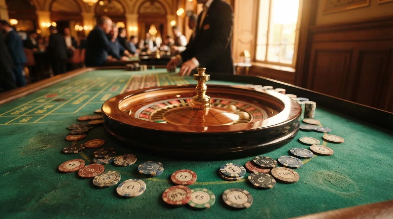 Roda de roleta e fichas sobre feltro verde, sob uma luz quente de fim de tarde — casino é confiável em portugal