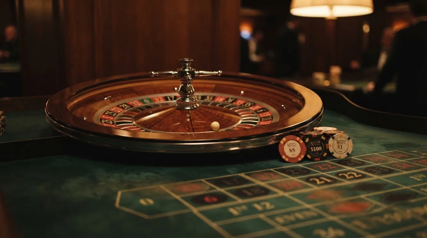 Roda de roleta e fichas sobre feltro verde, sob uma luz quente de fim de tarde — casino pagamentos em portugal