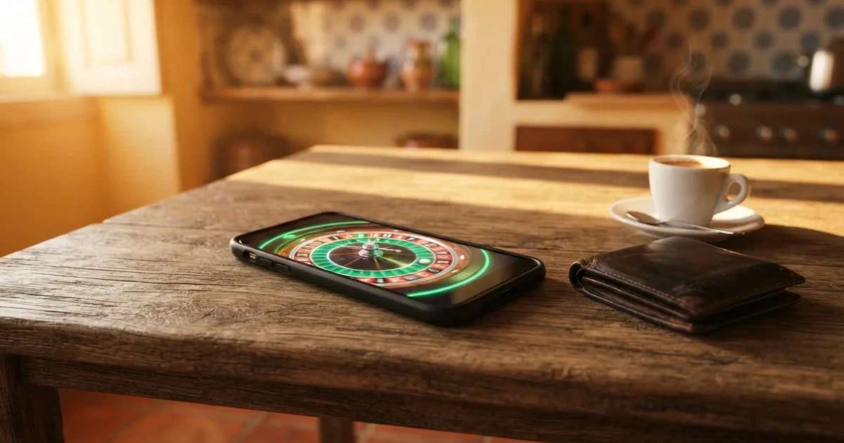 Telemóvel numa mesa de madeira ao lado de uma carteira e de uma chávena de café — casino pagamentos em portugal