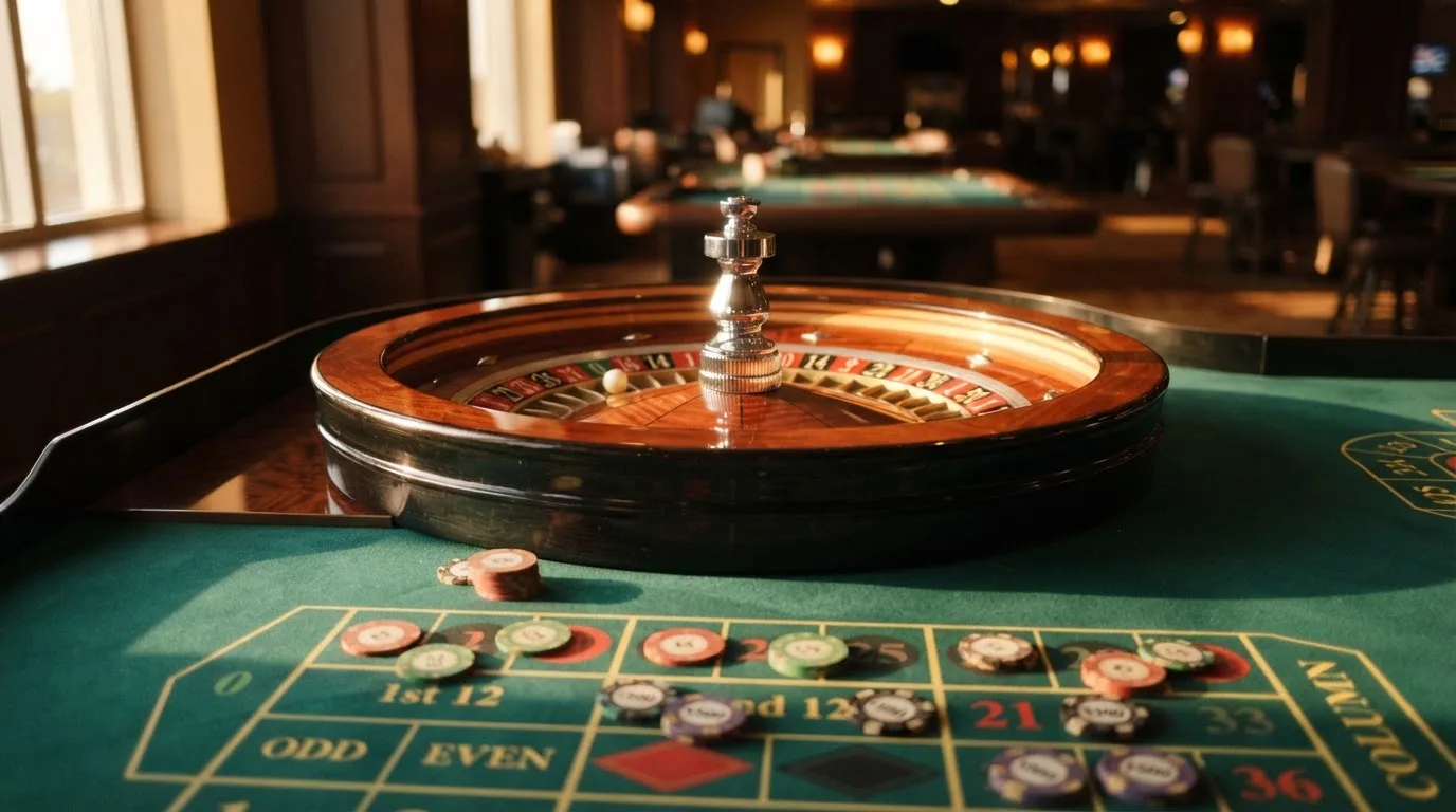 Roda de roleta e fichas sobre feltro verde, sob uma luz quente de fim de tarde — casino slots portugues