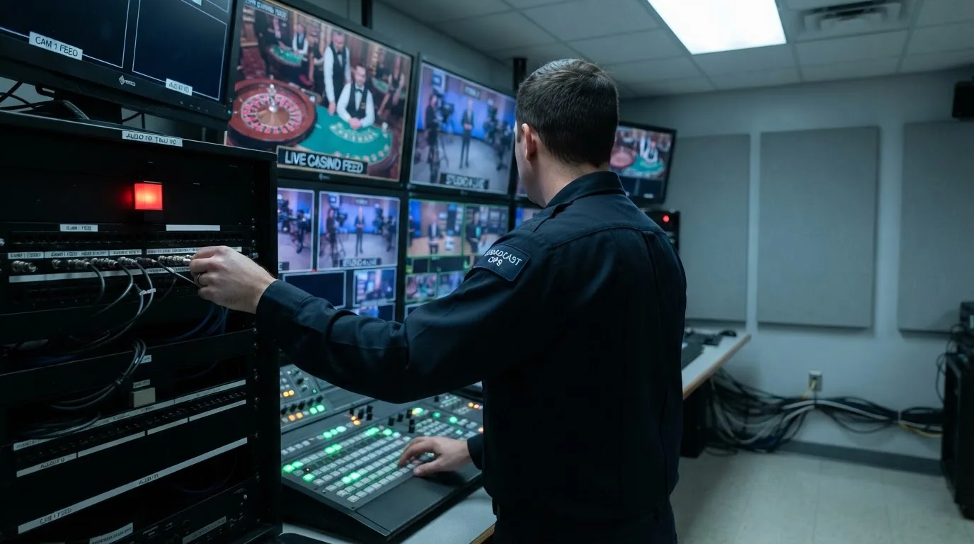Técnico de uniforme escuro a verificar câmaras e equipamento numa sala de controlo de um estúdio de televisão, com vários monitores desfocados.