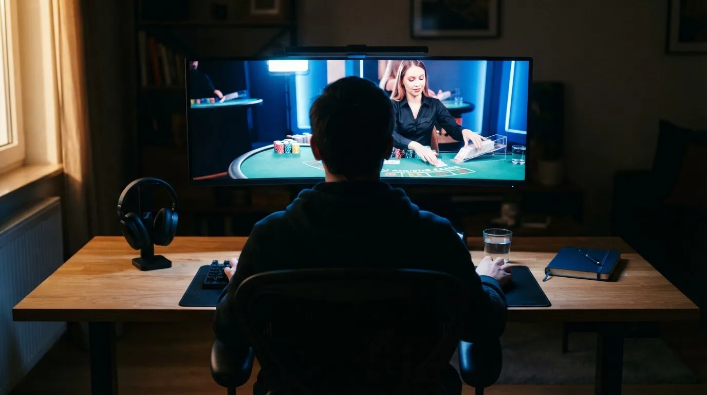 Pessoa sentada à secretária a ver um estúdio de casino em direto num monitor largo, com auscultadores e um caderno fechado ao lado.