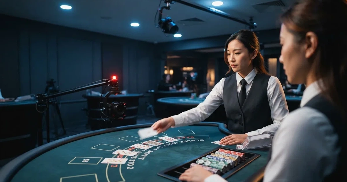 Croupier de colete a distribuir cartas numa mesa de blackjack de estúdio, com iluminação azulada e câmara de transmissão ao fundo.