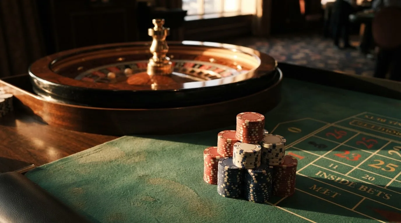Roda de roleta e fichas sobre feltro verde, sob uma luz quente de fim de tarde — casinos com apple pay em portugal
