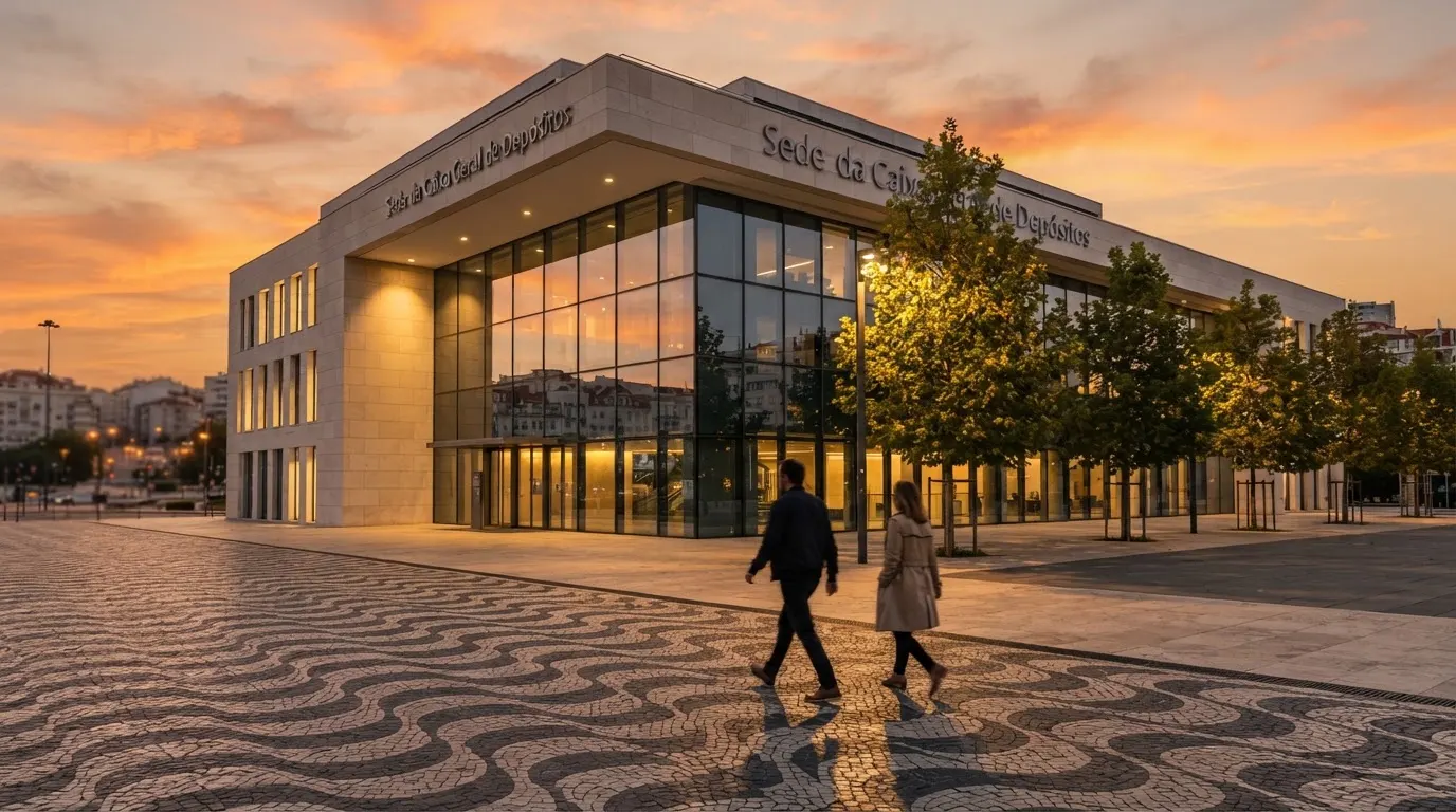Fachada de um edifício administrativo moderno em Lisboa ao entardecer, com janelas amplas, calçada portuguesa e algumas pessoas a passar.